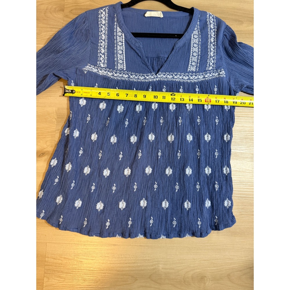 Lucky Brand Embroidered Peasant Top Blue L Womens Popover Boho Gauze Blouse - Picture 4 of 14